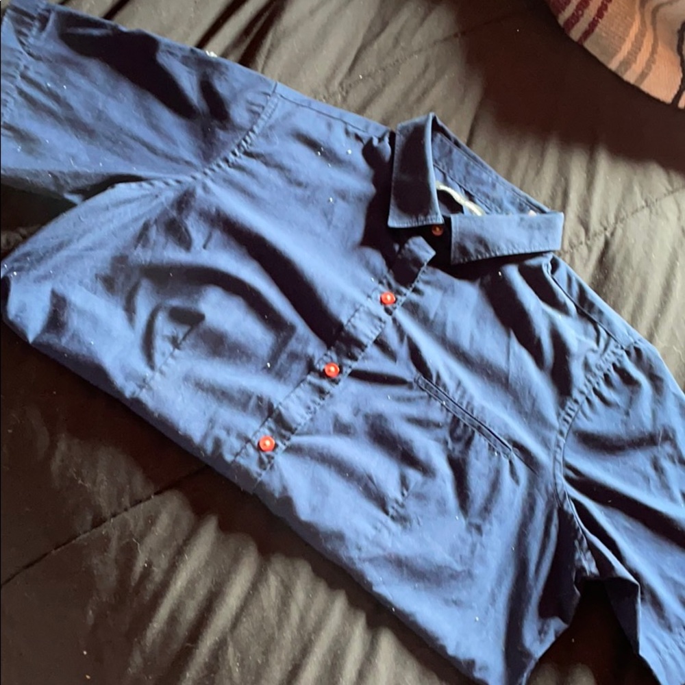 Dark blue short sleeve button up.
